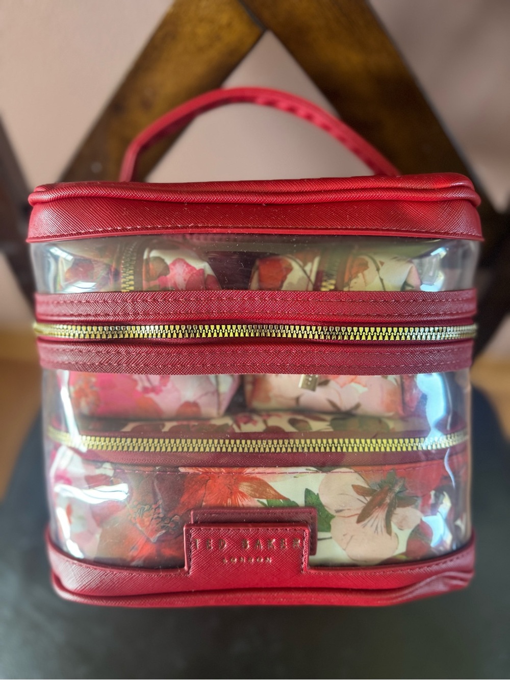Ted Baker Red Clear Floral Cosmetic Case with Gold Zippers